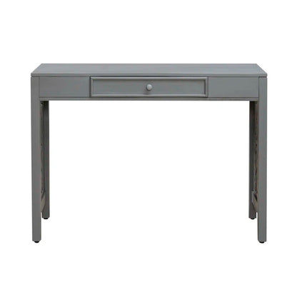 Gray console table with a drawer on a white background