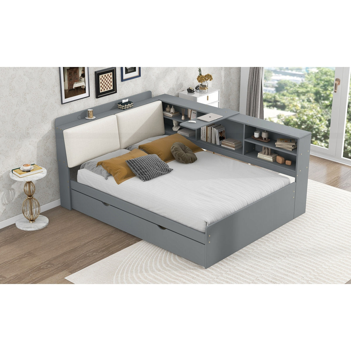 Gray corner bed with storage shelves in a room with a window and decor.