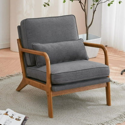 Gray cushioned chair with wooden frame in a room setting
