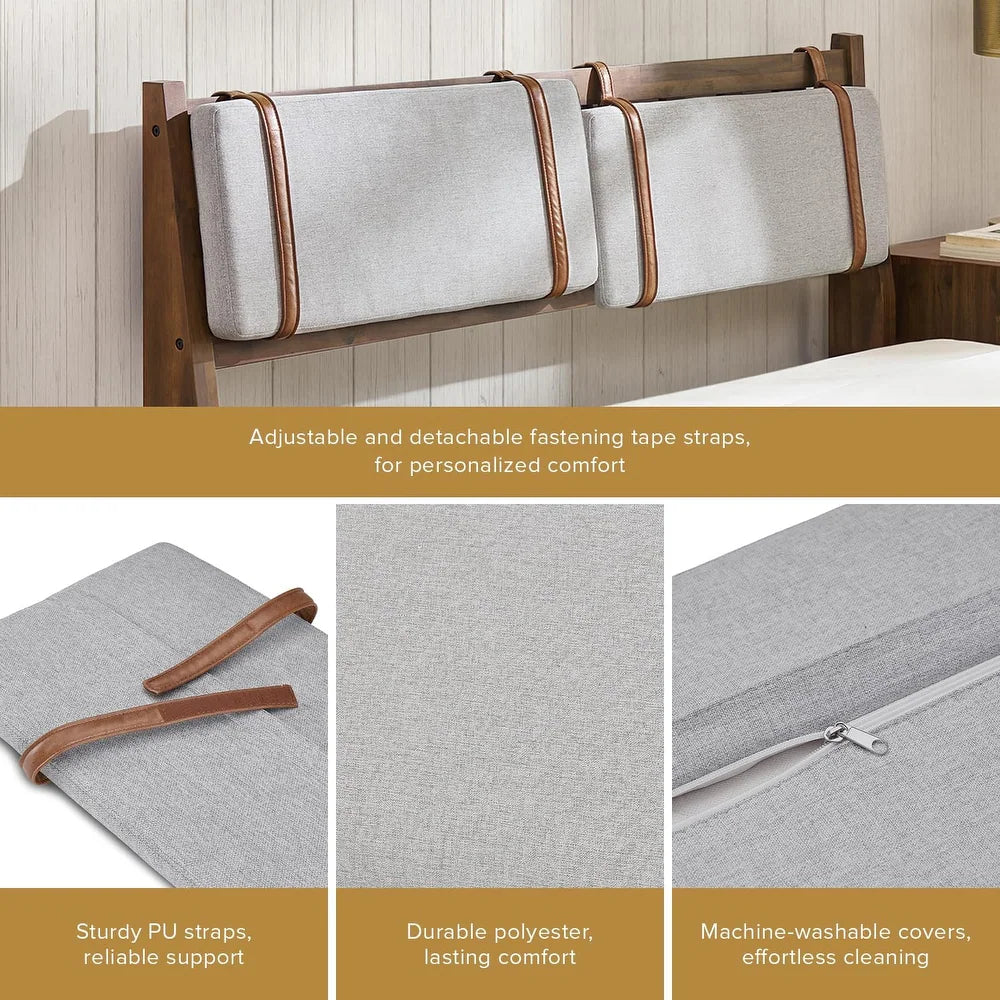Gray headboard with adjustable straps and text about features