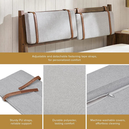 Gray headboard with adjustable straps and text about features