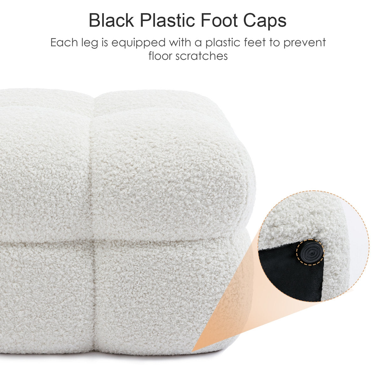 Gray ottoman with black plastic foot caps to prevent floor scratches on a white background