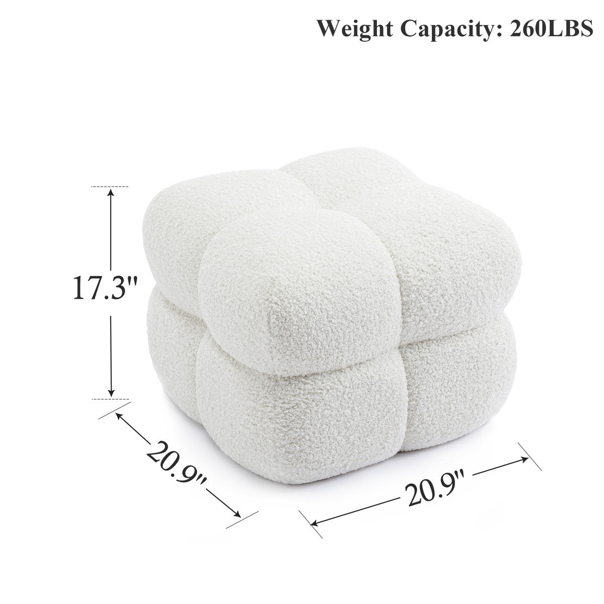 Gray plush ottoman with dimensions and weight capacity on a white background