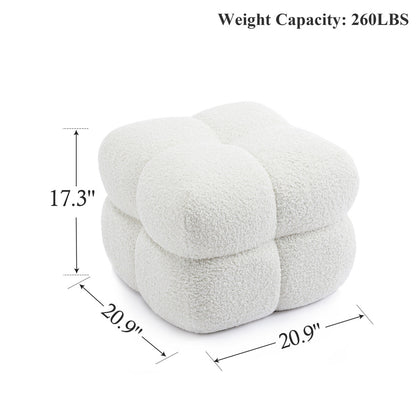 Gray plush ottoman with dimensions and weight capacity on a white background
