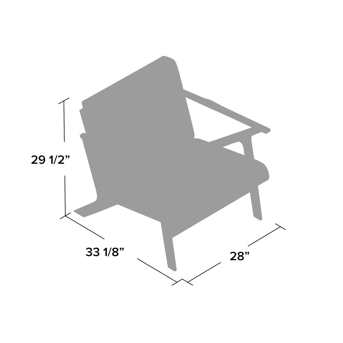Gray silhouette of a chair with dimensions labeled on a white background