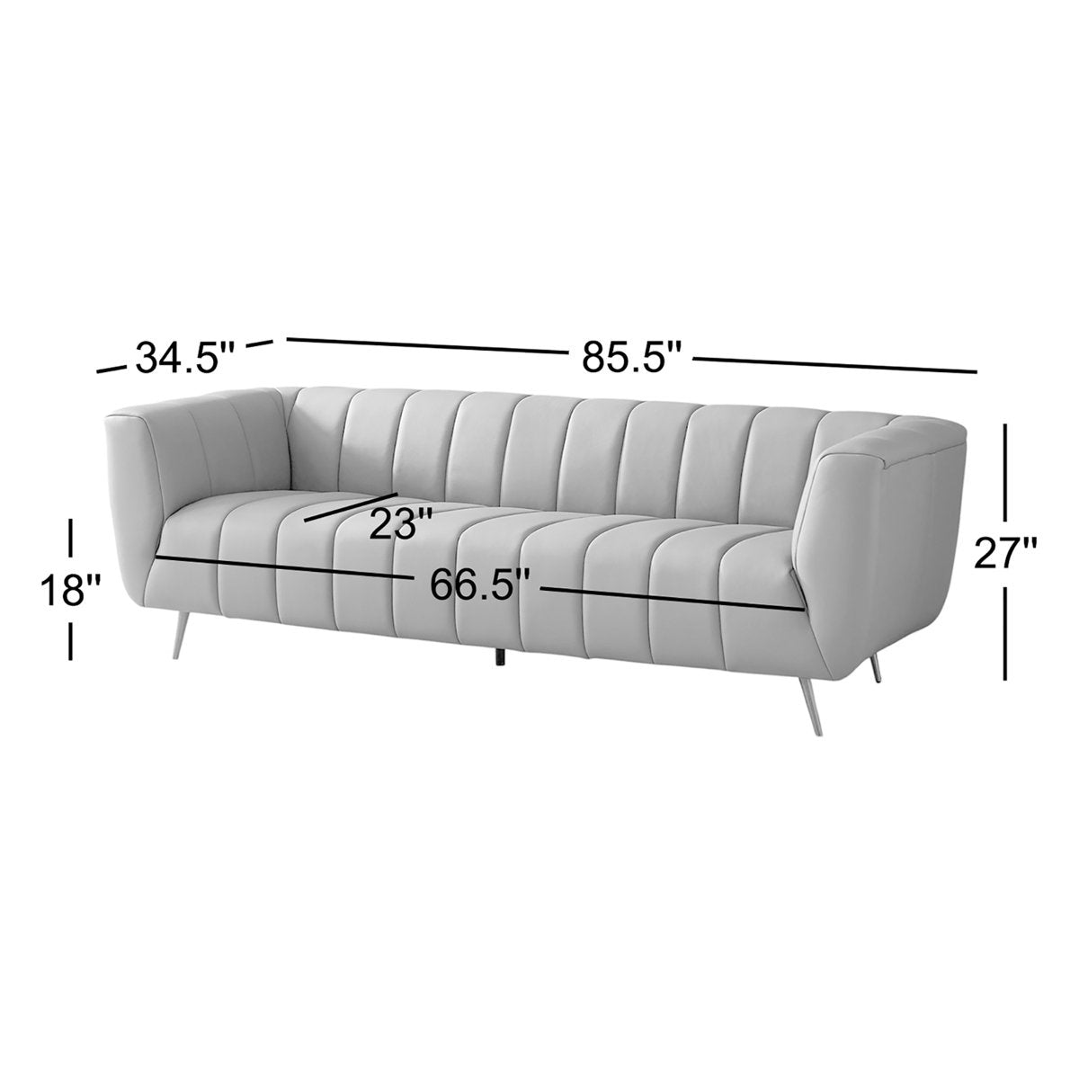 Gray sofa with dimensions labeled on a white background