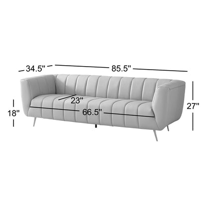 Gray sofa with dimensions labeled on a white background