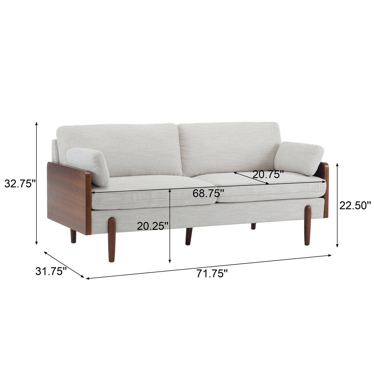 Gray sofa with wooden frame and armrests, shown with dimensions on a white background