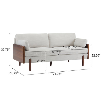 Gray sofa with wooden frame and armrests, shown with dimensions on a white background