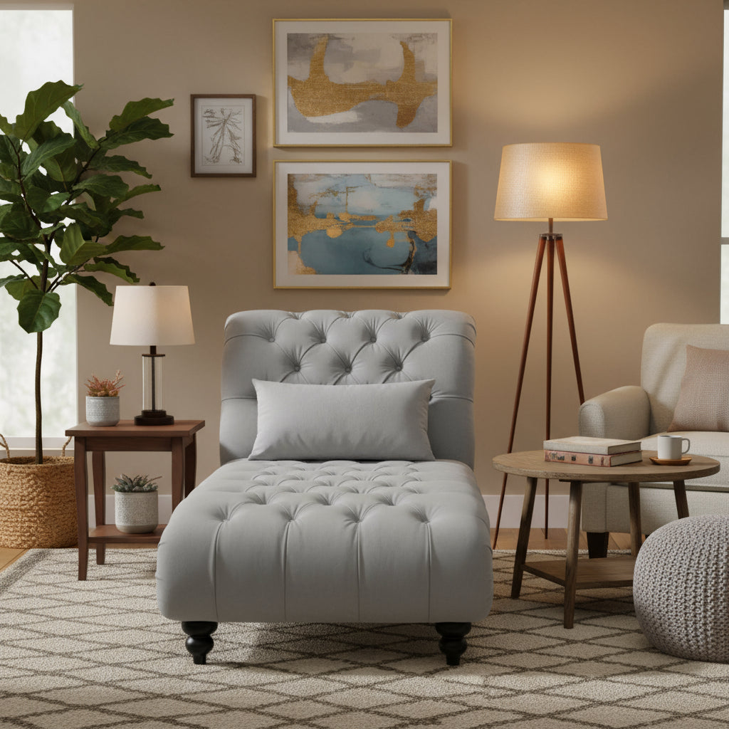 Gray tufted chaise lounge with a pillow on a white background