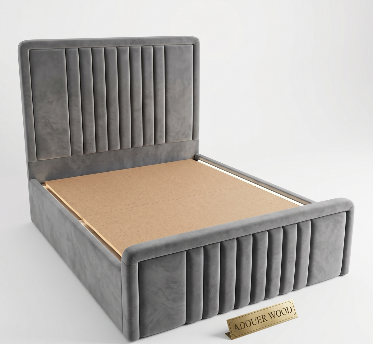 Gray upholstered bed with a wooden label on a white background