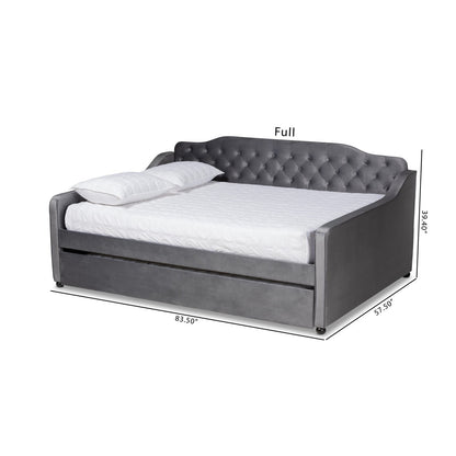 Gray upholstered bed with white mattress and pillows, shown with dimensions on a white background.