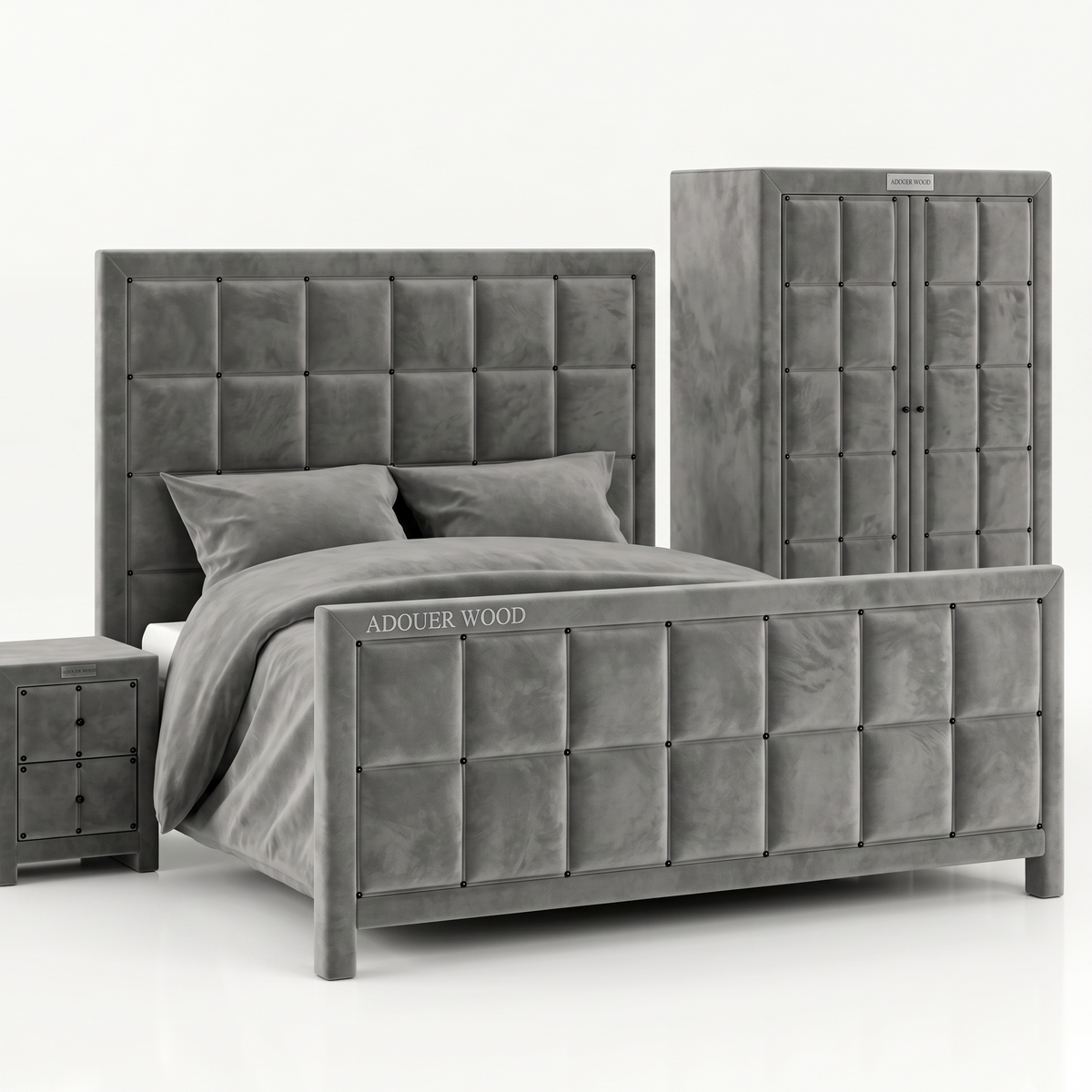 Gray upholstered bed with matching nightstand on a white background