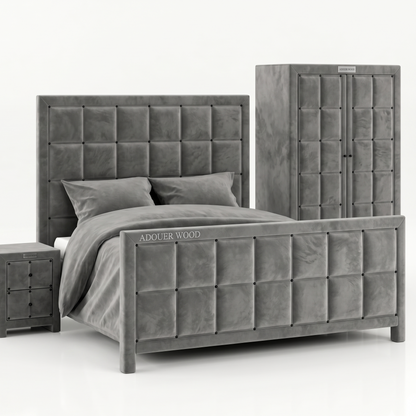Gray upholstered bed with matching nightstand on a white background