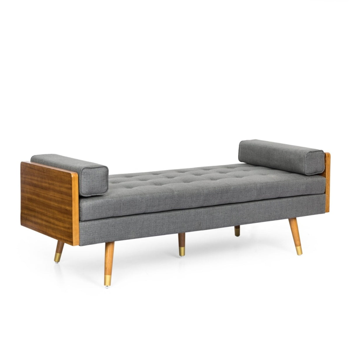 Gray upholstered bench with wooden legs on a white background