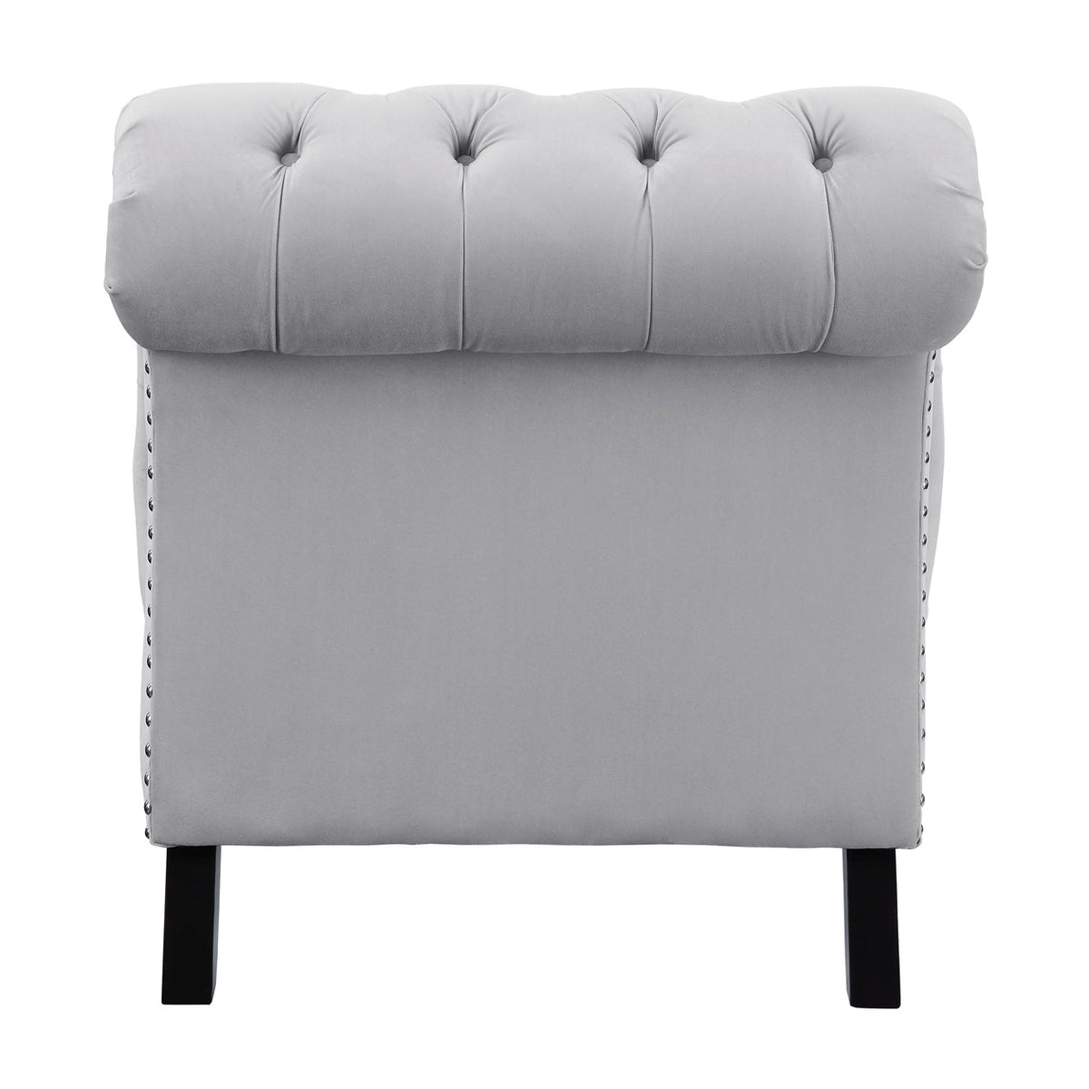 Gray upholstered chair with tufted backrest on a white background