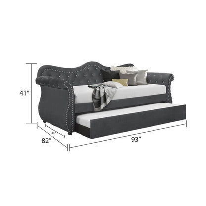 Gray upholstered daybed with dimensions on a white background