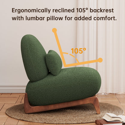 Green armchair with ergonomic recline feature and lumbar pillow on a wooden floor.