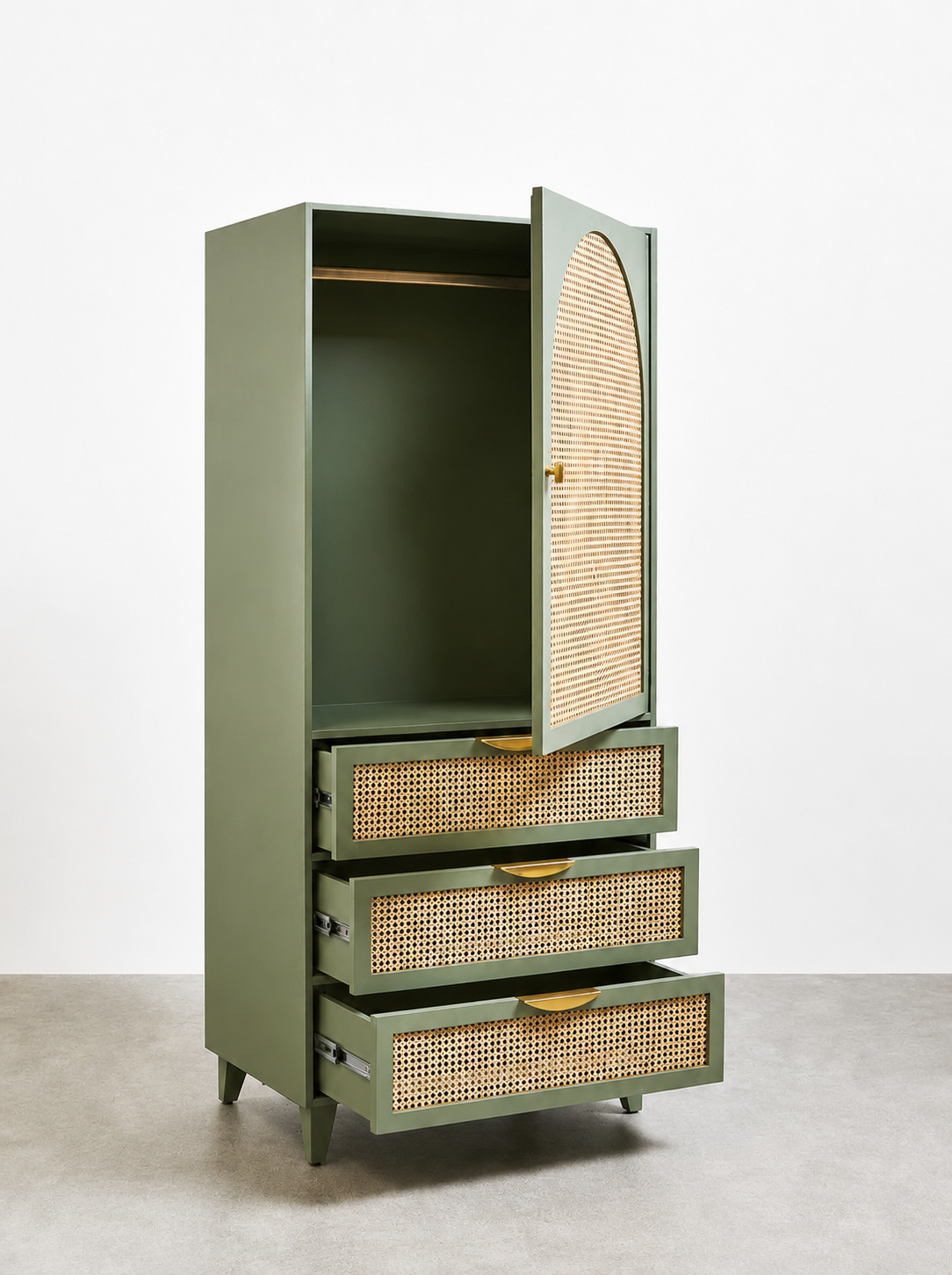 Green cabinet with rattan accents on a white background