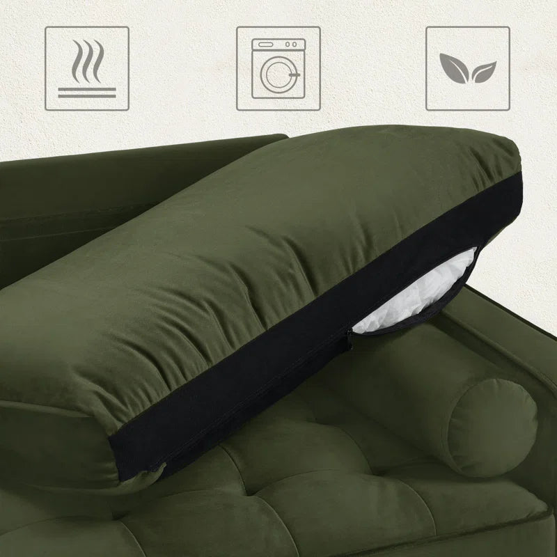 Green pillow with black armrest cover on a sofa, featuring care instructions icons.