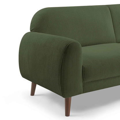 Green ribbed sofa with wooden legs on a white background