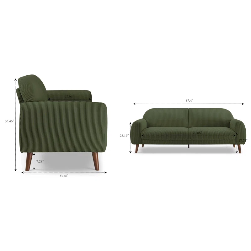 Green sofa and armchair with dimensions on a white background