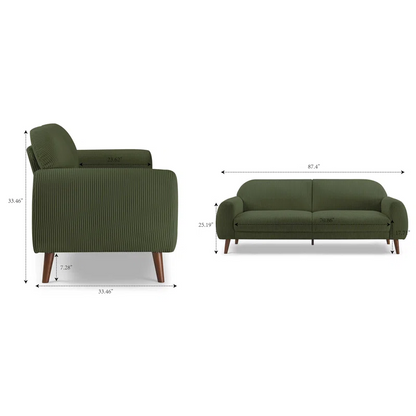 Green sofa and armchair with dimensions on a white background