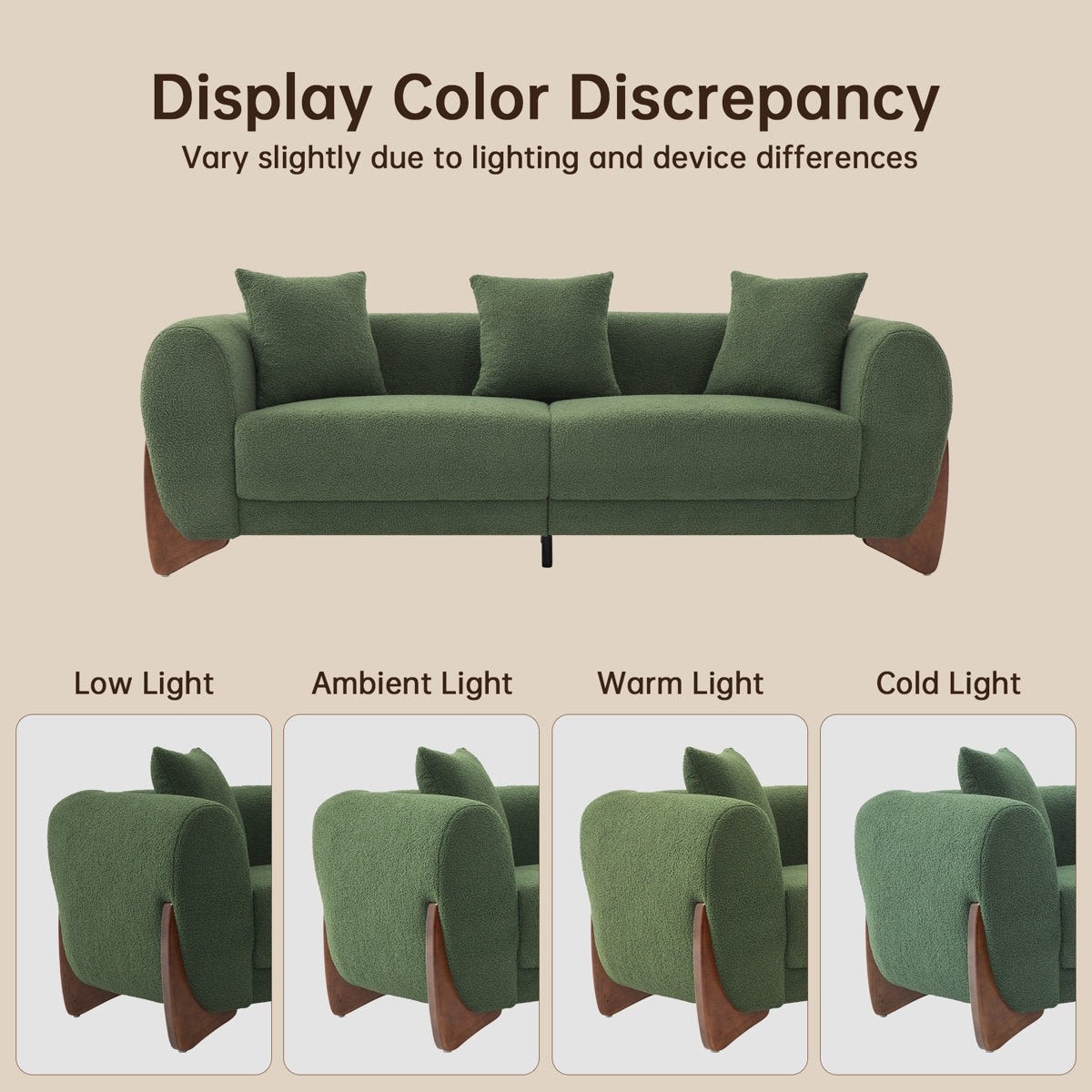 Green sofa with color discrepancy notes and light conditions display.