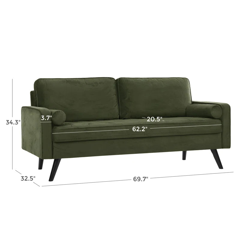 Green sofa with dimensions labeled on a white background
