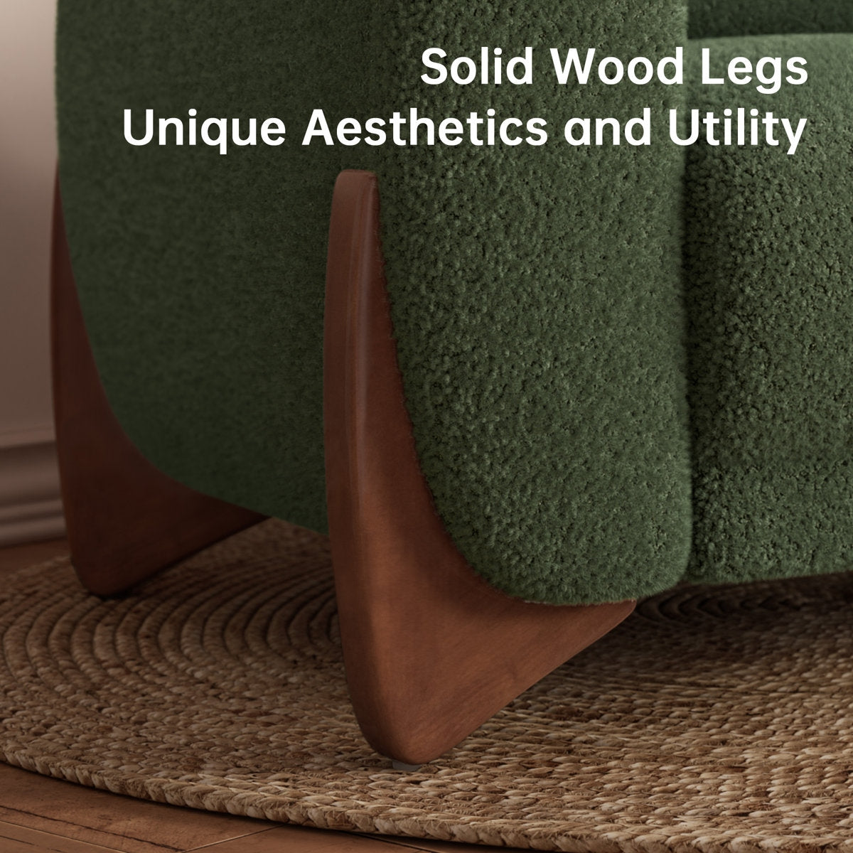 Green upholstered chair with wooden legs on a textured rug
