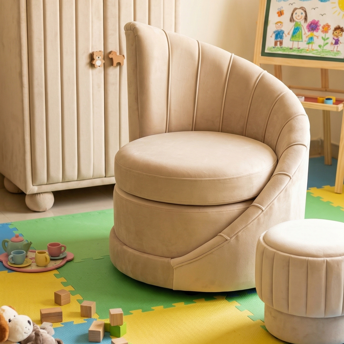 Beige children's chair in a playroom with toys and a colorful rug.