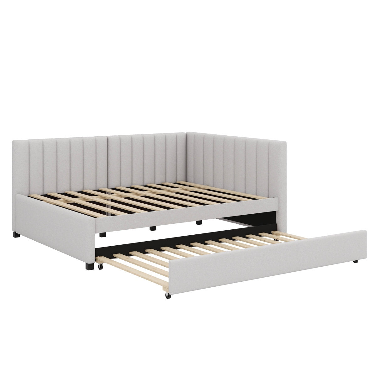 Gray upholstered bed with a pull-out drawer on a white background