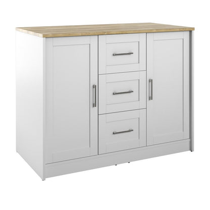White kitchen cabinet with wooden countertop on a white background