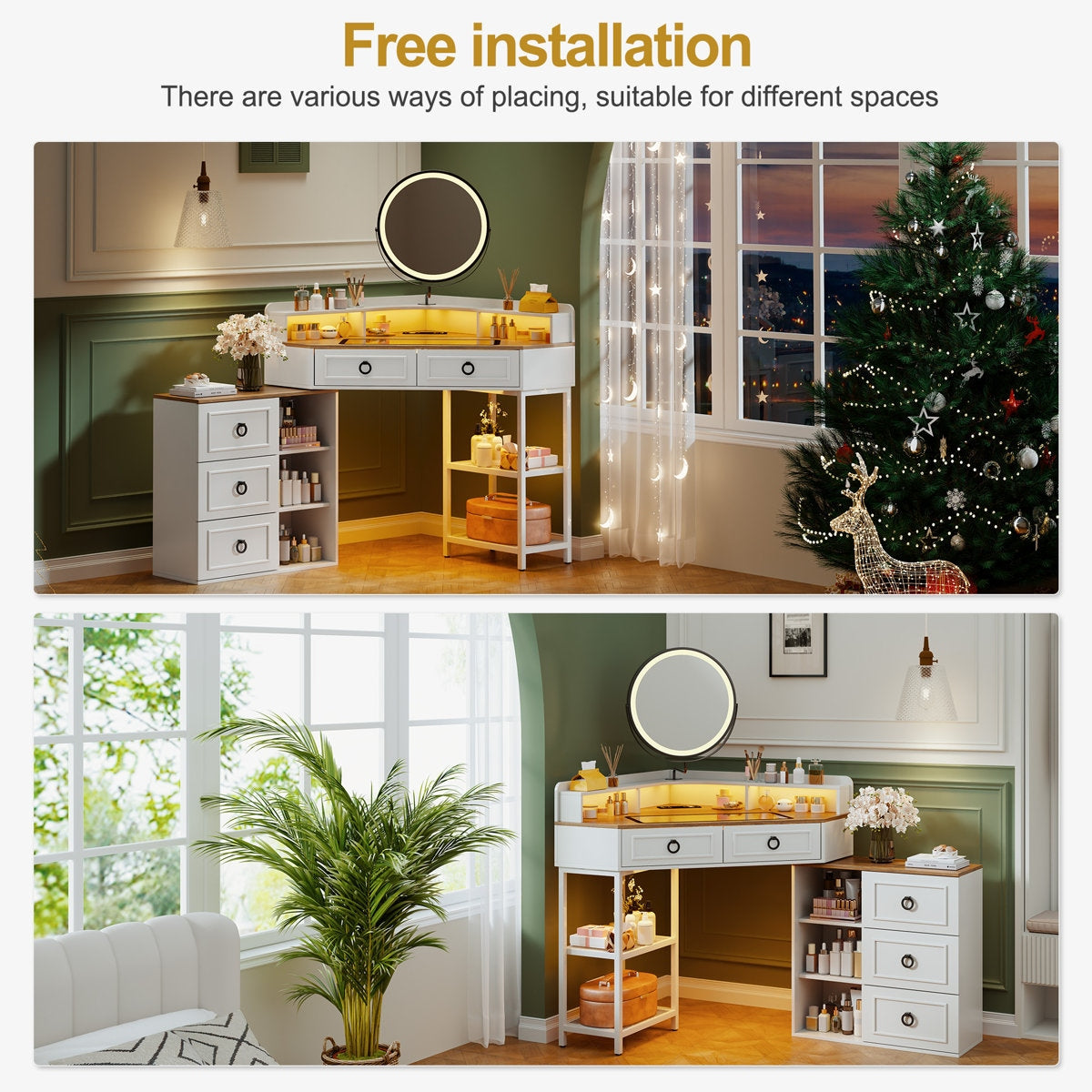 White vanity with mirror and drawers in a room with a Christmas tree and large window.