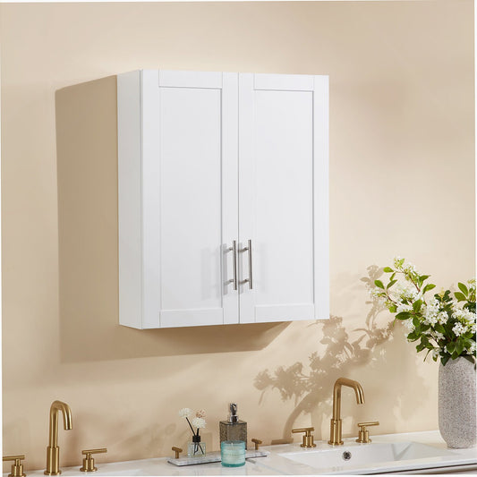 White wall-mounted cabinet with gold fixtures in a bathroom setting.