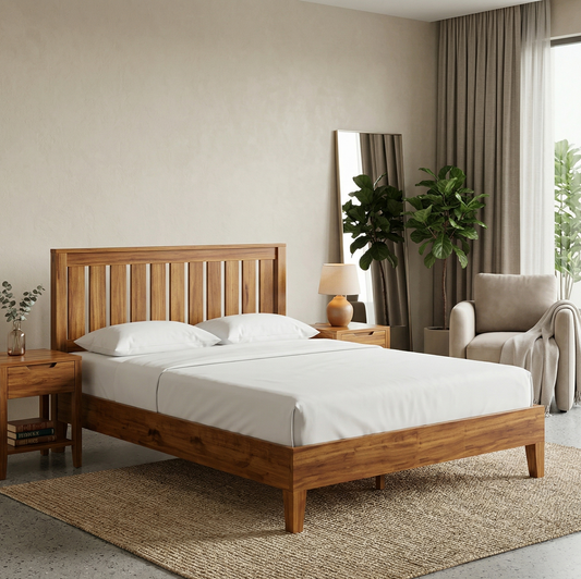 Wooden bed in a bedroom with a lamp, mirror, and chair.