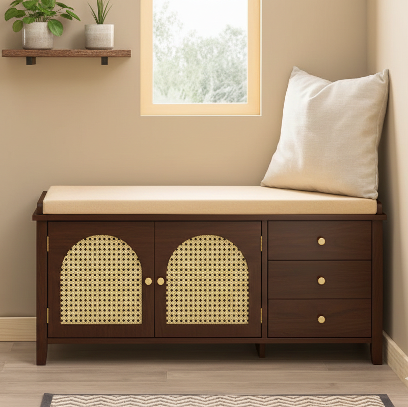 Wooden bench with beige cushion and wicker doors in a room with a window and plants.