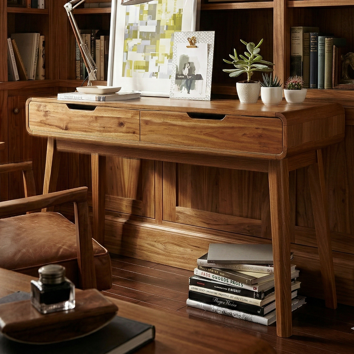 Wooden desk with books and decorative items in a home office setting
