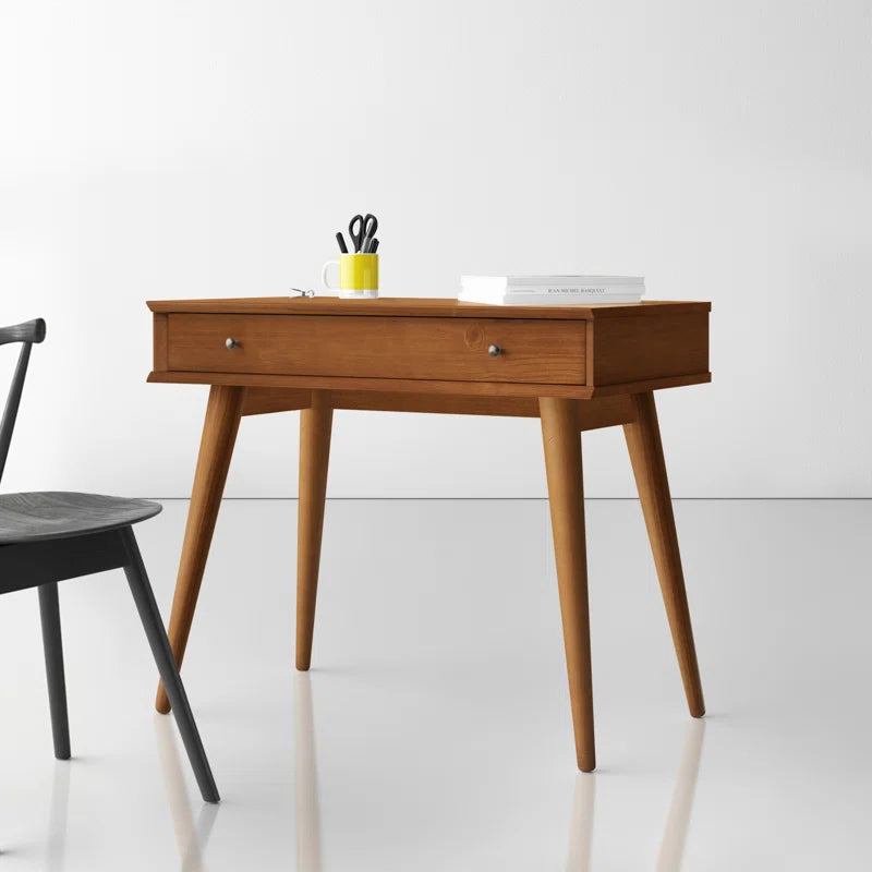 Wooden desk with a chair on a white background