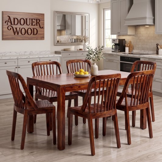 Wooden dining table with chairs in a kitchen setting, featuring 'ADOUER WOOD' sign.