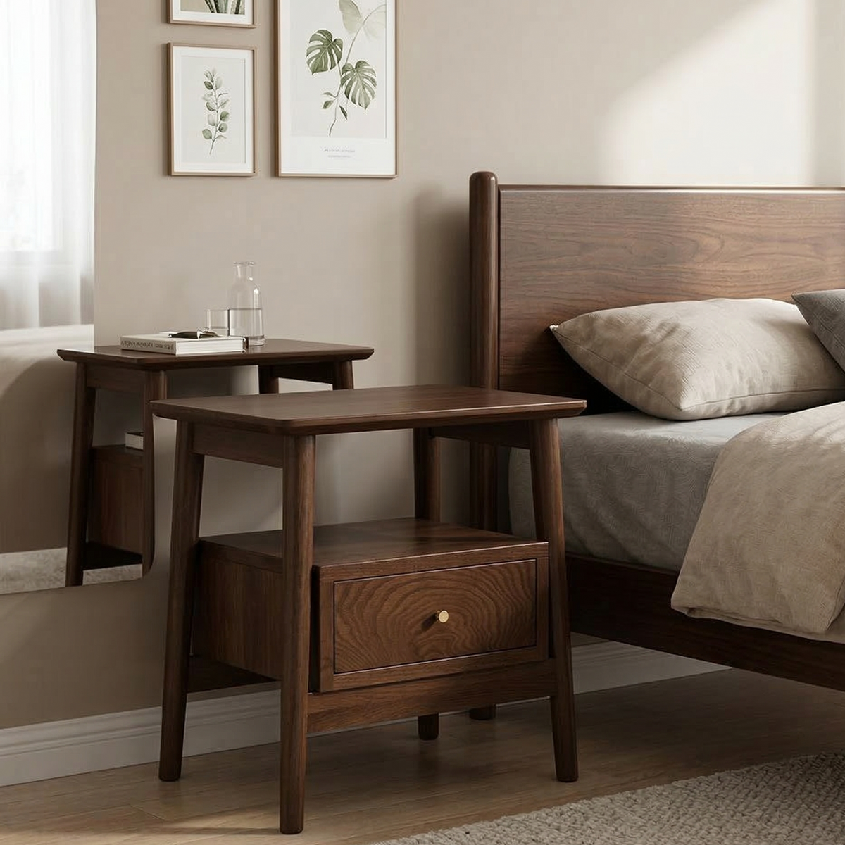 Wooden nightstand with a drawer next to a bed in a bedroom setting.