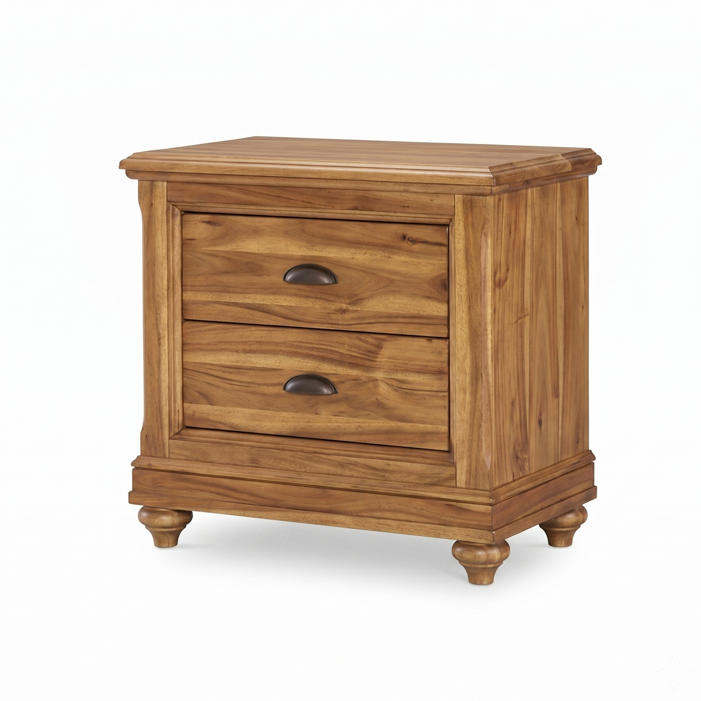 Wooden nightstand with two drawers on a white background