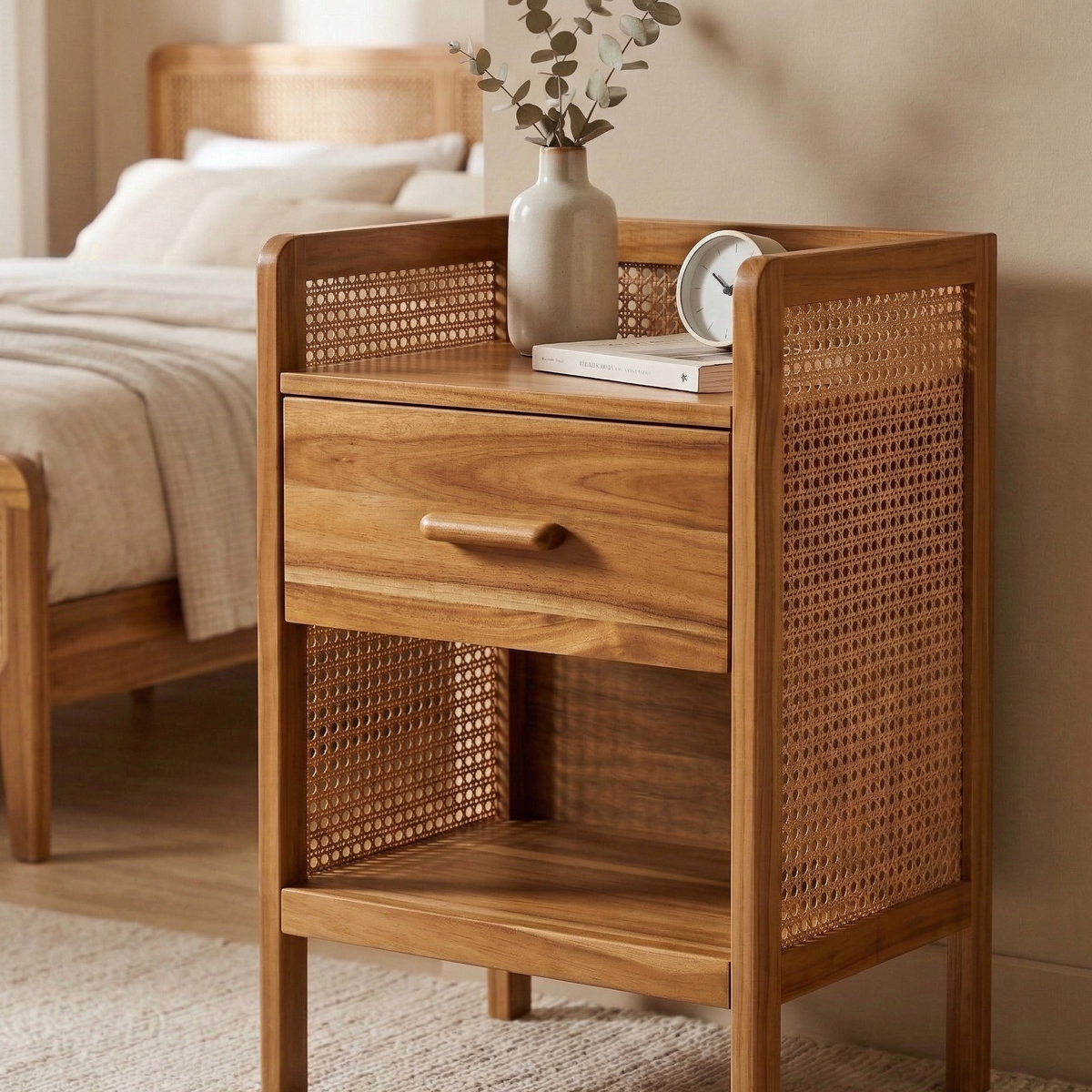 Wooden nightstand with wicker design in a bedroom setting
