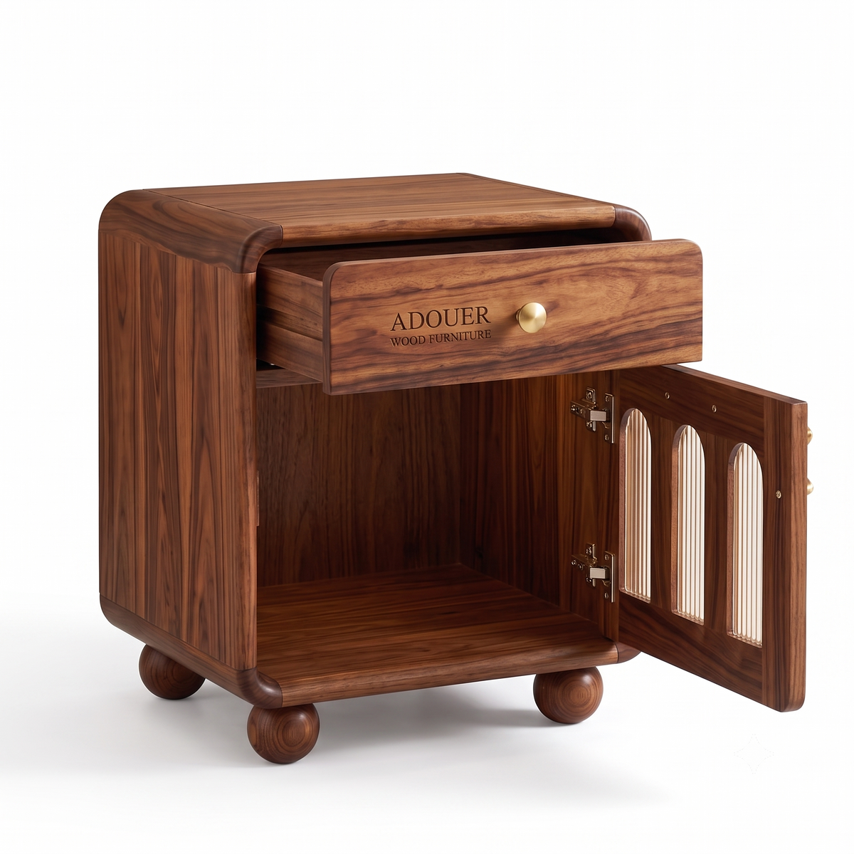 A dark brown wood nightstand with a single drawer and an open side cabinet door, shown on a clean white background. The brand name 'ADOUER' is engraved on the front of the drawer.