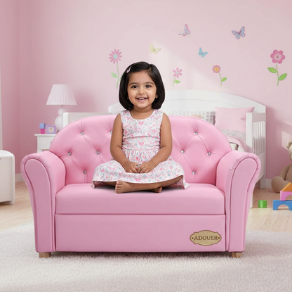 Young girl sitting on a pink children's sofa in a room with butterfly wall decals.