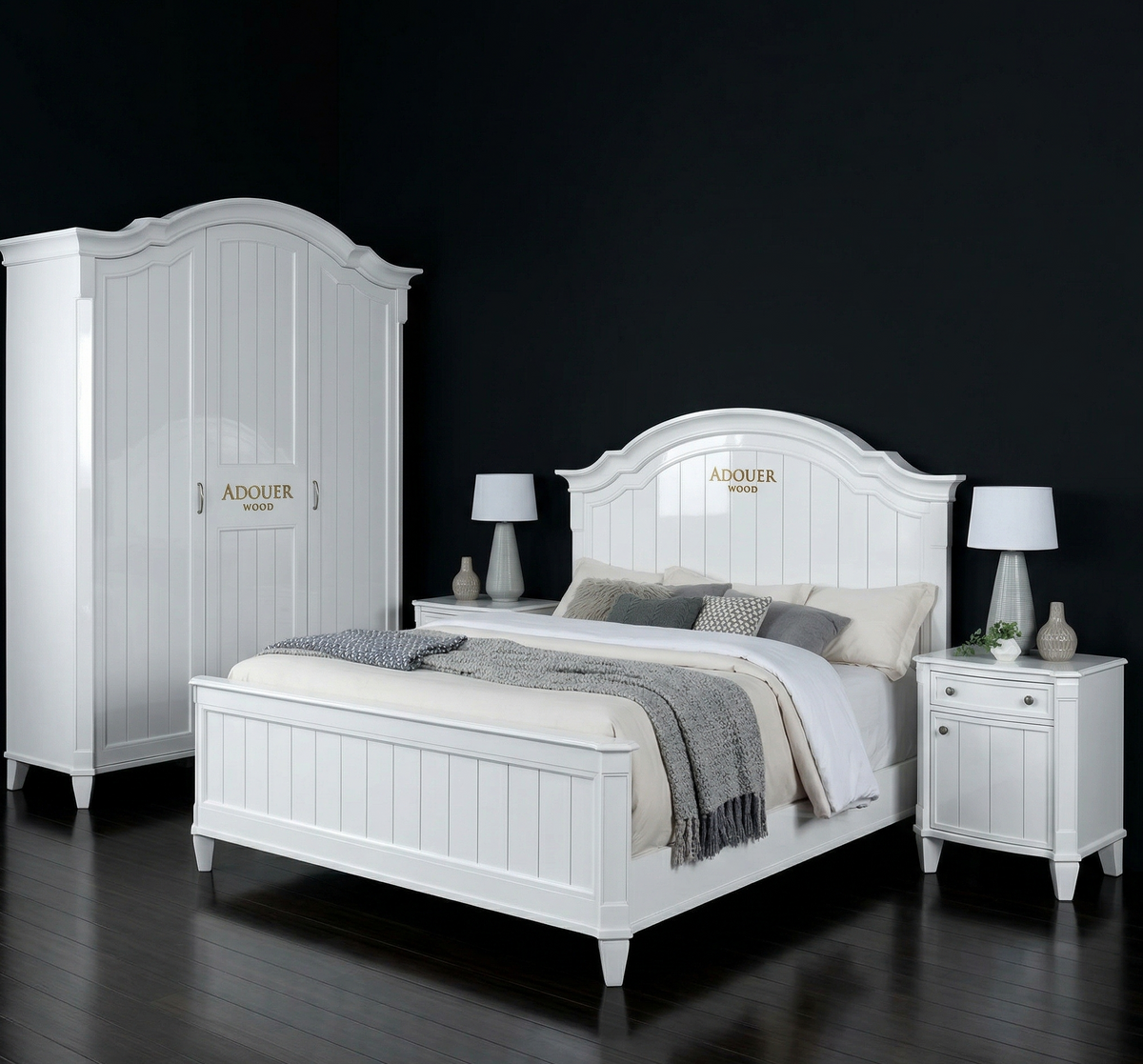White bedroom furniture set with ADOUER' branding on a dark background