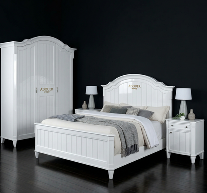 White bedroom furniture set with ADOUER' branding on a dark background