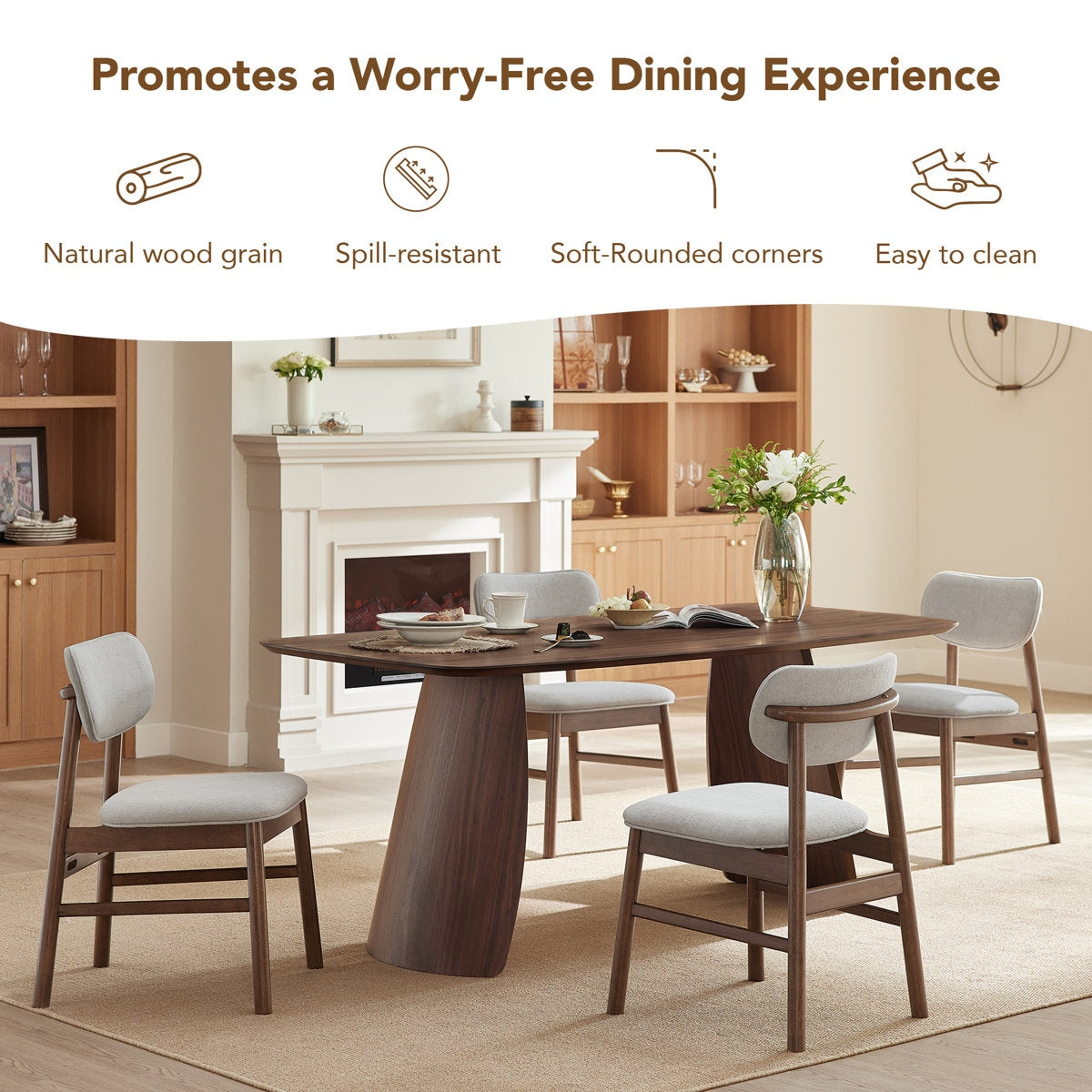 Dining room setup with a wooden table and chairs, featuring text about product features.