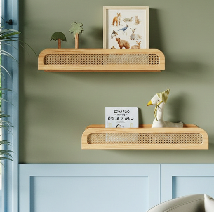 wooden wall shelves with wicker design