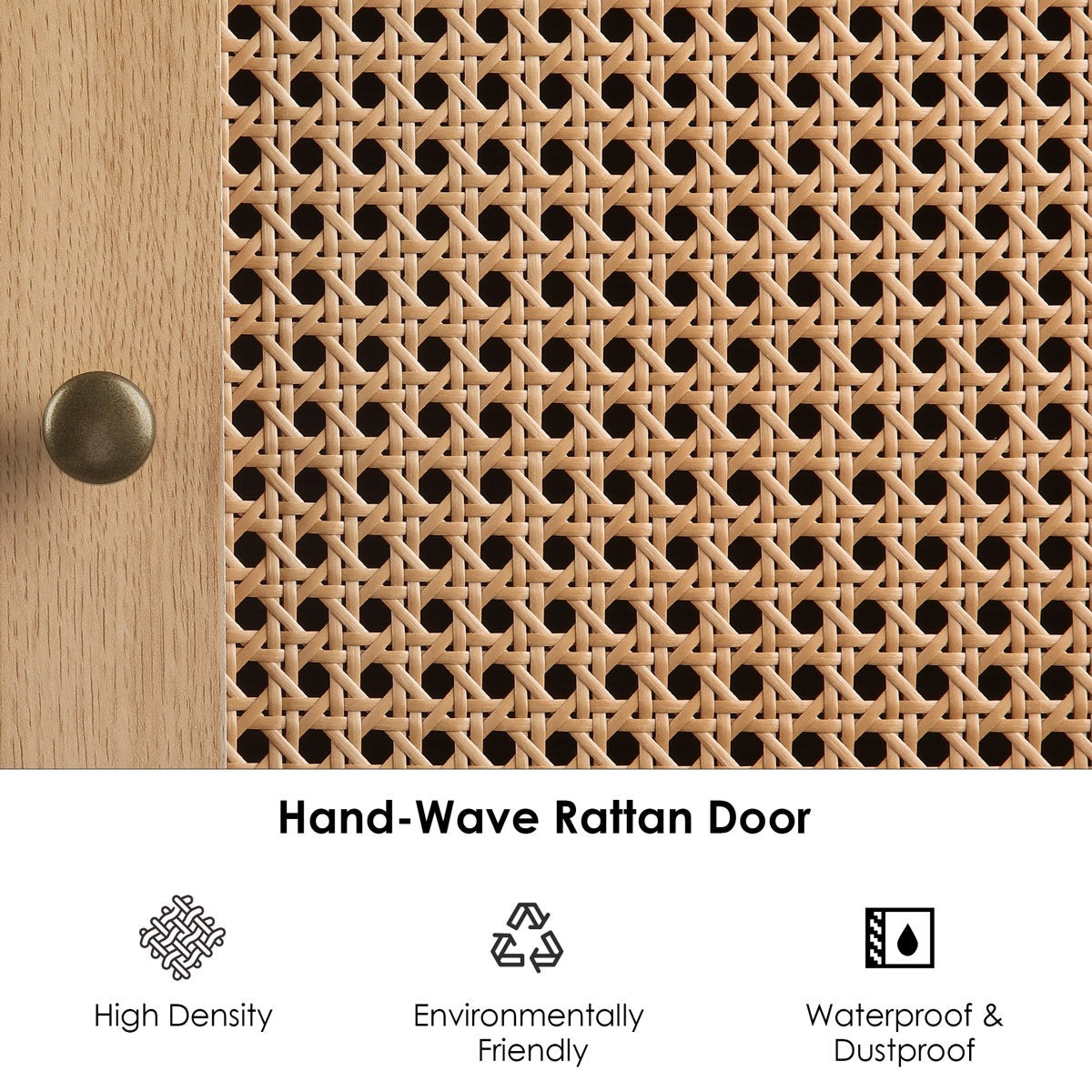Hand-Wave Rattan Door with woven pattern and wooden frame, featuring icons and text about product features.